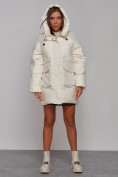 Оптом Зимняя женская куртка модная с капюшоном бежевого цвета 52310B в Казани, фото 5
