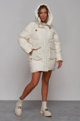 Оптом Зимняя женская куртка модная с капюшоном бежевого цвета 52310B в Екатеринбурге, фото 6