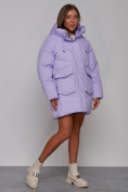 Оптом Зимняя женская куртка модная с капюшоном фиолетового цвета 52310F в Казани, фото 3