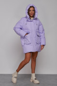 Оптом Зимняя женская куртка модная с капюшоном фиолетового цвета 52310F в Казани, фото 7