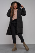 Оптом Пальто утепленное молодежное зимнее женское черного цвета 52328Ch в Оренбурге, фото 17