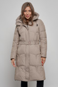 Оптом Пальто утепленное молодежное зимнее женское светло-коричневого цвета 52332SK в Омске, фото 8