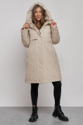 Оптом Пальто утепленное с капюшоном зимнее женское бежевого цвета 52333B в  Красноярске, фото 5