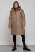 Оптом Пальто утепленное с капюшоном зимнее женское коричневого цвета 52333K в Тюмени