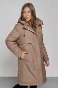 Оптом Пальто утепленное с капюшоном зимнее женское коричневого цвета 52333K, фото 10