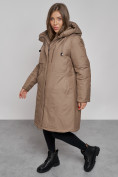 Оптом Пальто утепленное с капюшоном зимнее женское коричневого цвета 52333K, фото 11