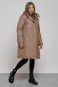 Оптом Пальто утепленное с капюшоном зимнее женское коричневого цвета 52333K, фото 2