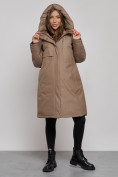Оптом Пальто утепленное с капюшоном зимнее женское коричневого цвета 52333K, фото 5
