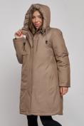 Оптом Пальто утепленное с капюшоном зимнее женское коричневого цвета 52333K в Барнауле, фото 6