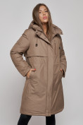 Оптом Пальто утепленное с капюшоном зимнее женское коричневого цвета 52333K в Кемерово, фото 7