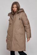 Оптом Пальто утепленное с капюшоном зимнее женское коричневого цвета 52333K, фото 8
