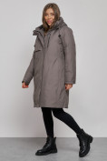 Оптом Пальто утепленное с капюшоном зимнее женское темно-серого цвета 52333TC, фото 3