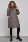 Оптом Пальто утепленное с капюшоном зимнее женское темно-серого цвета 52333TC, фото 5