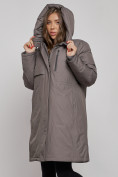Оптом Пальто утепленное с капюшоном зимнее женское темно-серого цвета 52333TC в Волгоградке, фото 6