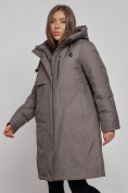Оптом Пальто утепленное с капюшоном зимнее женское темно-серого цвета 52333TC, фото 8