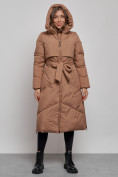 Оптом Пальто утепленное молодежное зимнее женское коричневого цвета 52356K в Новокузнецке, фото 5