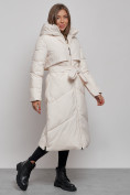Оптом Пальто утепленное молодежное зимнее женское светло-бежевого цвета 52356SB в Баку, фото 2