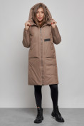 Оптом Пальто утепленное молодежное зимнее женское коричневого цвета 52359K в Казани, фото 5