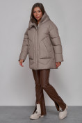 Оптом Зимняя женская куртка модная с капюшоном светло-коричневого цвета 52362SK в Екатеринбурге, фото 2