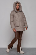 Оптом Зимняя женская куртка модная с капюшоном светло-коричневого цвета 52362SK в Екатеринбурге, фото 6