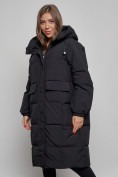 Оптом Пальто утепленное молодежное зимнее женское черного цвета 52391Ch в Перми, фото 10