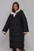 Оптом Пальто утепленное молодежное зимнее женское черного цвета 52395Ch в Иркутске, фото 4
