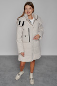 Оптом Пальто утепленное с капюшоном зимнее женское бежевого цвета 52426B, фото 10