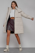 Оптом Пальто утепленное с капюшоном зимнее женское бежевого цвета 52426B, фото 12