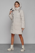 Оптом Пальто утепленное с капюшоном зимнее женское бежевого цвета 52426B, фото 5