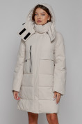 Оптом Пальто утепленное с капюшоном зимнее женское бежевого цвета 52426B в Калининграде, фото 7