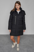 Оптом Пальто утепленное с капюшоном зимнее женское черного цвета 52426Ch в Баку, фото 10