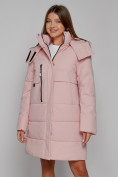 Оптом Пальто утепленное с капюшоном зимнее женское розового цвета 52426R, фото 8