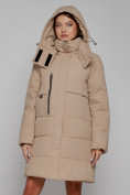Оптом Пальто утепленное с капюшоном зимнее женское светло-коричневого цвета 52426SK в Екатеринбурге, фото 5