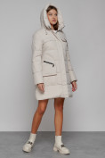 Оптом Пальто утепленное с капюшоном зимнее женское бежевого цвета 52429B, фото 6