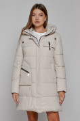 Оптом Пальто утепленное с капюшоном зимнее женское бежевого цвета 52429B, фото 8