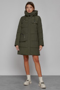Оптом Пальто утепленное с капюшоном зимнее женское цвета хаки 52429Kh в Нижнем Новгороде