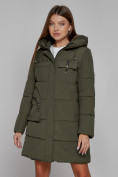 Оптом Пальто утепленное с капюшоном зимнее женское цвета хаки 52429Kh в Ульяновске, фото 10