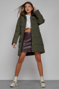Оптом Пальто утепленное с капюшоном зимнее женское цвета хаки 52429Kh, фото 11