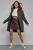 Оптом Пальто утепленное с капюшоном зимнее женское цвета хаки 52429Kh, фото 12