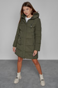 Оптом Пальто утепленное с капюшоном зимнее женское цвета хаки 52429Kh, фото 14
