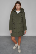 Оптом Пальто утепленное с капюшоном зимнее женское цвета хаки 52429Kh в Омске, фото 6