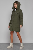 Оптом Пальто утепленное с капюшоном зимнее женское цвета хаки 52429Kh в Сочи, фото 7