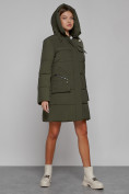Оптом Пальто утепленное с капюшоном зимнее женское цвета хаки 52429Kh, фото 8