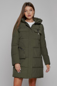 Оптом Пальто утепленное с капюшоном зимнее женское цвета хаки 52429Kh в Омске, фото 9