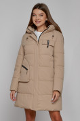 Оптом Пальто утепленное с капюшоном зимнее женское светло-коричневого цвета 52429SK, фото 10