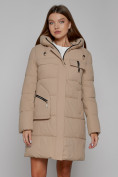 Оптом Пальто утепленное с капюшоном зимнее женское светло-коричневого цвета 52429SK, фото 5