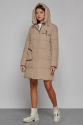 Оптом Пальто утепленное с капюшоном зимнее женское светло-коричневого цвета 52429SK в Воронеже, фото 6
