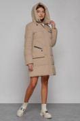 Оптом Пальто утепленное с капюшоном зимнее женское светло-коричневого цвета 52429SK, фото 7