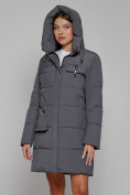 Оптом Пальто утепленное с капюшоном зимнее женское темно-серого цвета 52429TC, фото 5
