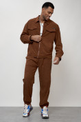 Оптом Спортивный костюм мужской модный из микровельвета коричневого цвета 55002K в Баку, фото 11